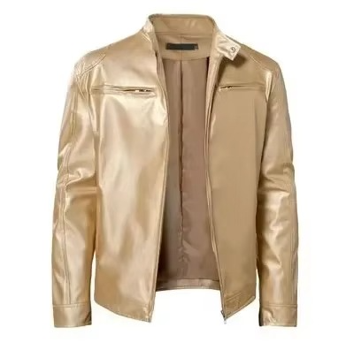 Men's Slim Fit PU Leather Jacket With Stand Collar Wind Resistant Motorcycle Style
