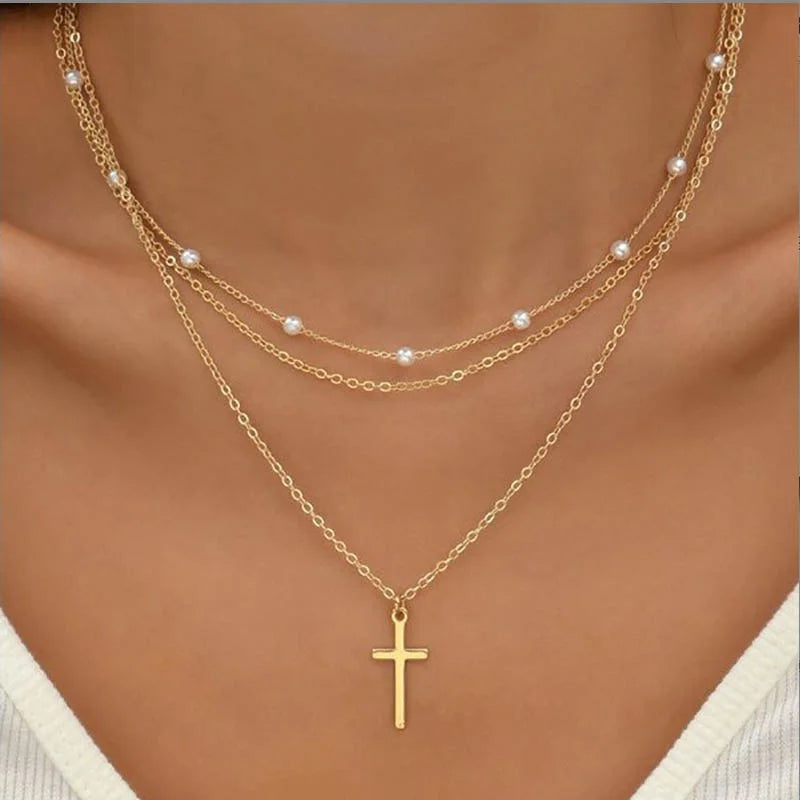 Lily Three Layer Necklace Gold Or Silver Tone With Heart Or Cross Pendant For Women Timeless Elegance
