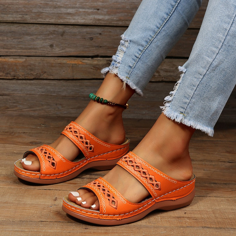 Orthopedic Sandals With Embroidered Double Straps For All Day Foot Support Women Olive Green