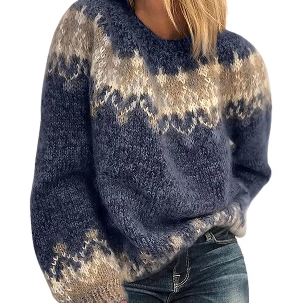 Women's Knit Sweater - Wool Blend - Fair Isle Pattern - Oversized Fit - Round Neck