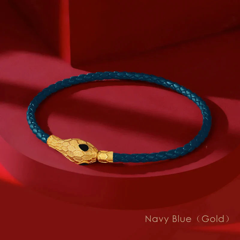 Aspis Viper Handwoven Leather Bracelet with Gold Tinted Serpent Clasp for Men and Women