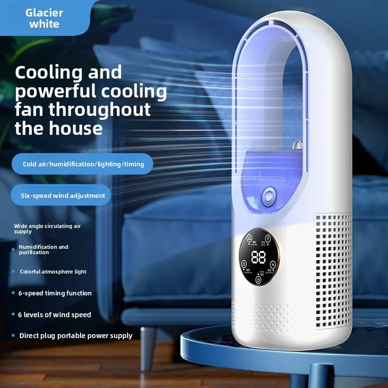 Bladeless fan with humidifier & RGB light - Quiet & wireless for home & travel