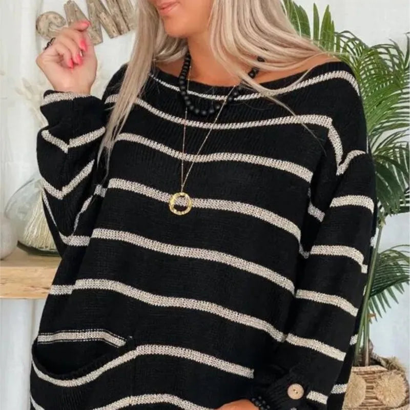 Women’s Pullover Sweater – Oversized Fit – Wool Blend – Striped – Long Sleeve – Pocket