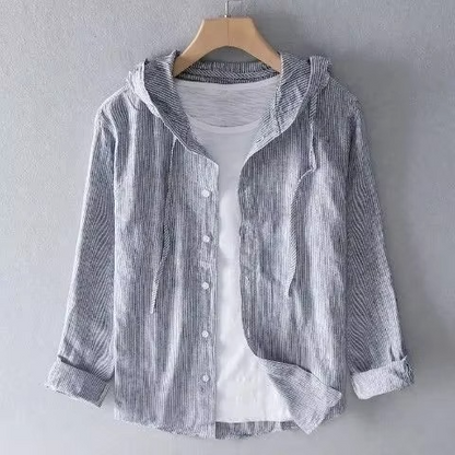 Men's Summer Hooded Long Sleeve Cotton Linen Shirt Lightweight Breathable Relaxed Fit