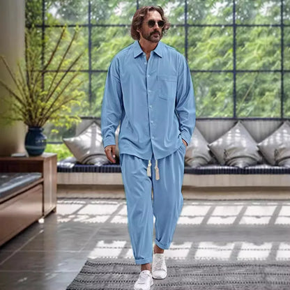 Thierry | Fashionable men's set of linen shirt and pants for spring