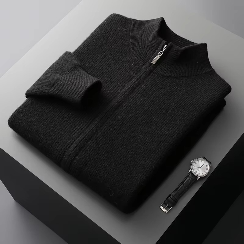 Men's 100 Percent Wool Zip Up Cardigan With Stand Collar Thick Knit Winter Sweater Jacket