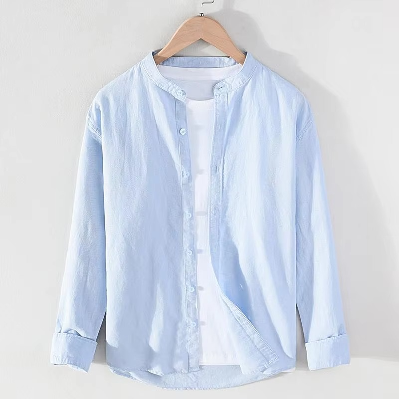 TrendAura Men's Vintage Linen Stand Collar Long Sleeve Shirt Lightweight Breathable Button Up M To 3XL