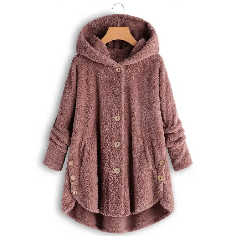 Women’s Fleece Jacket – Relaxed Fit – Hooded – Button Front – Plush Texture – Pockets