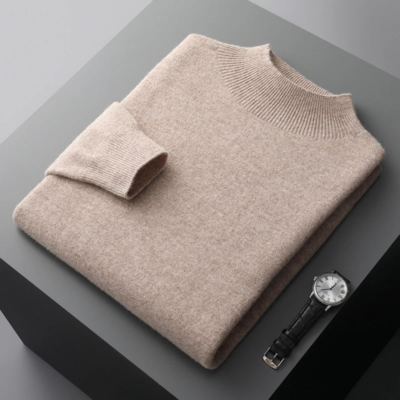 Men's Wool Knit Sweatshirt Regular Fit With Semi Turtleneck And Ribbed Cuffs For Winter Style