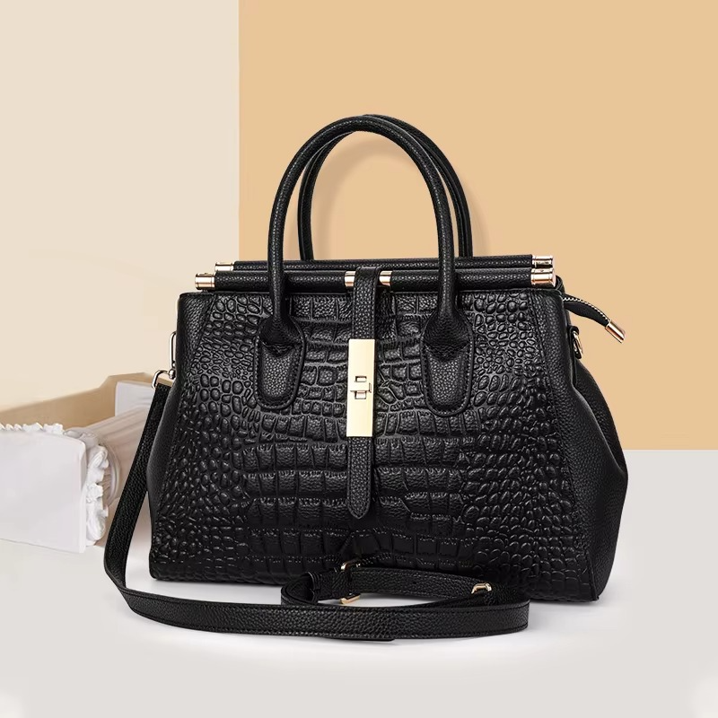 Genuine Leather Women's Crocodile Pattern Tote Bag, Large Capacity, Black - TrendAura