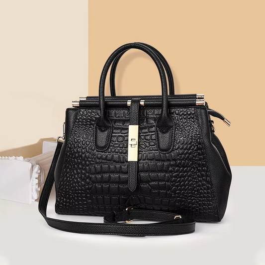 Genuine Leather Women's Crocodile Pattern Tote Bag, Large Capacity, Black - TrendAura