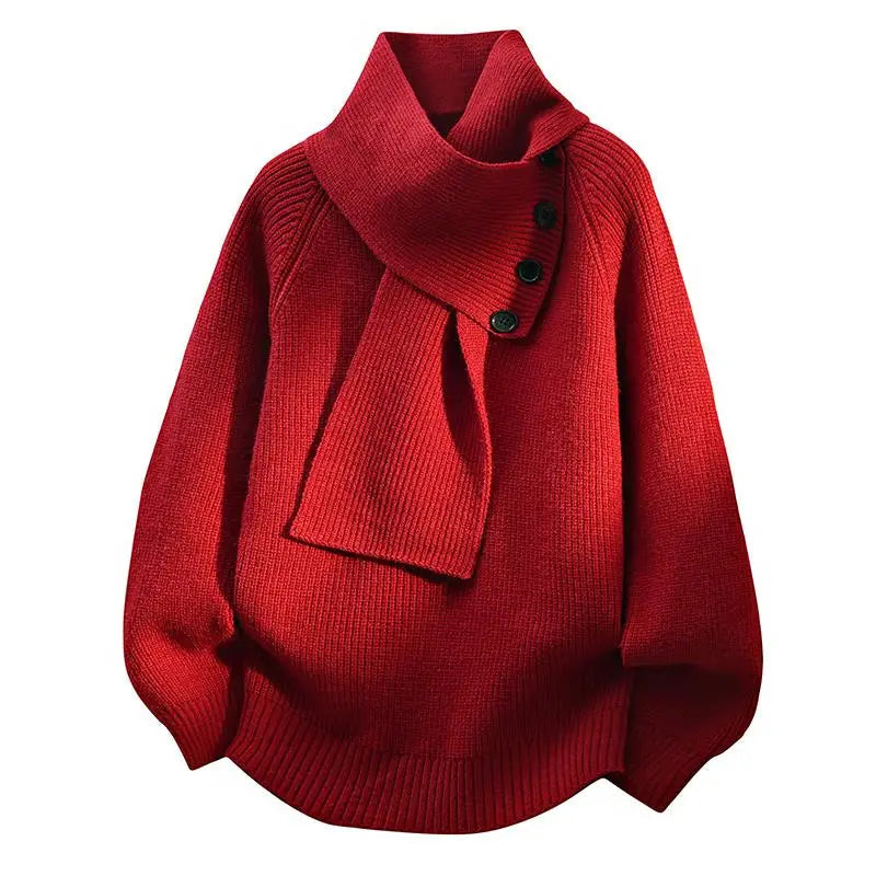 Women's Scarf-Neck Sweater with Soft Knit and Relaxed Fit