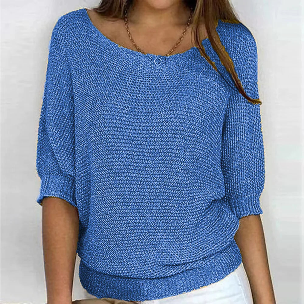 Women's Knit Sweater - Loose Fit - Round Neck - 3/4 Sleeves - Soft and Comfortable