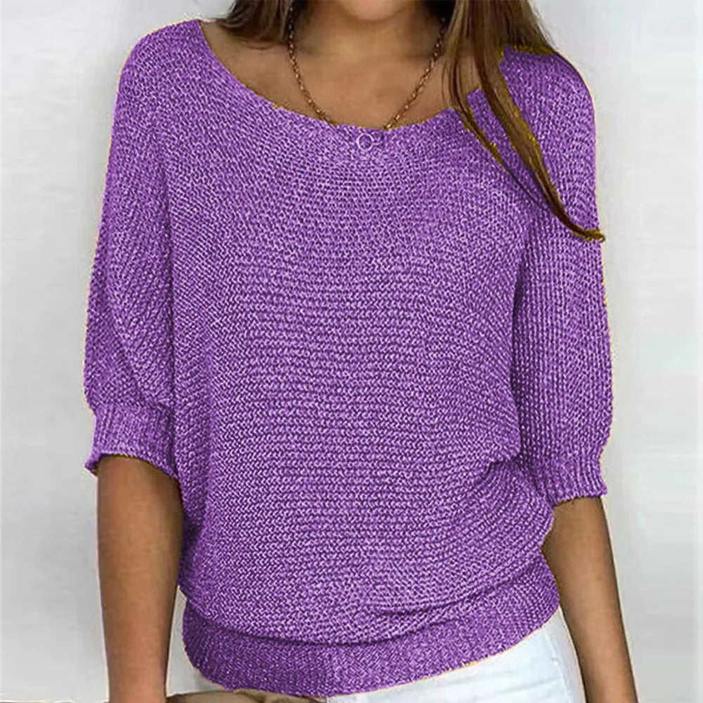 Women's Knit Sweater - Loose Fit - Round Neck - 3/4 Sleeves - Soft and Comfortable