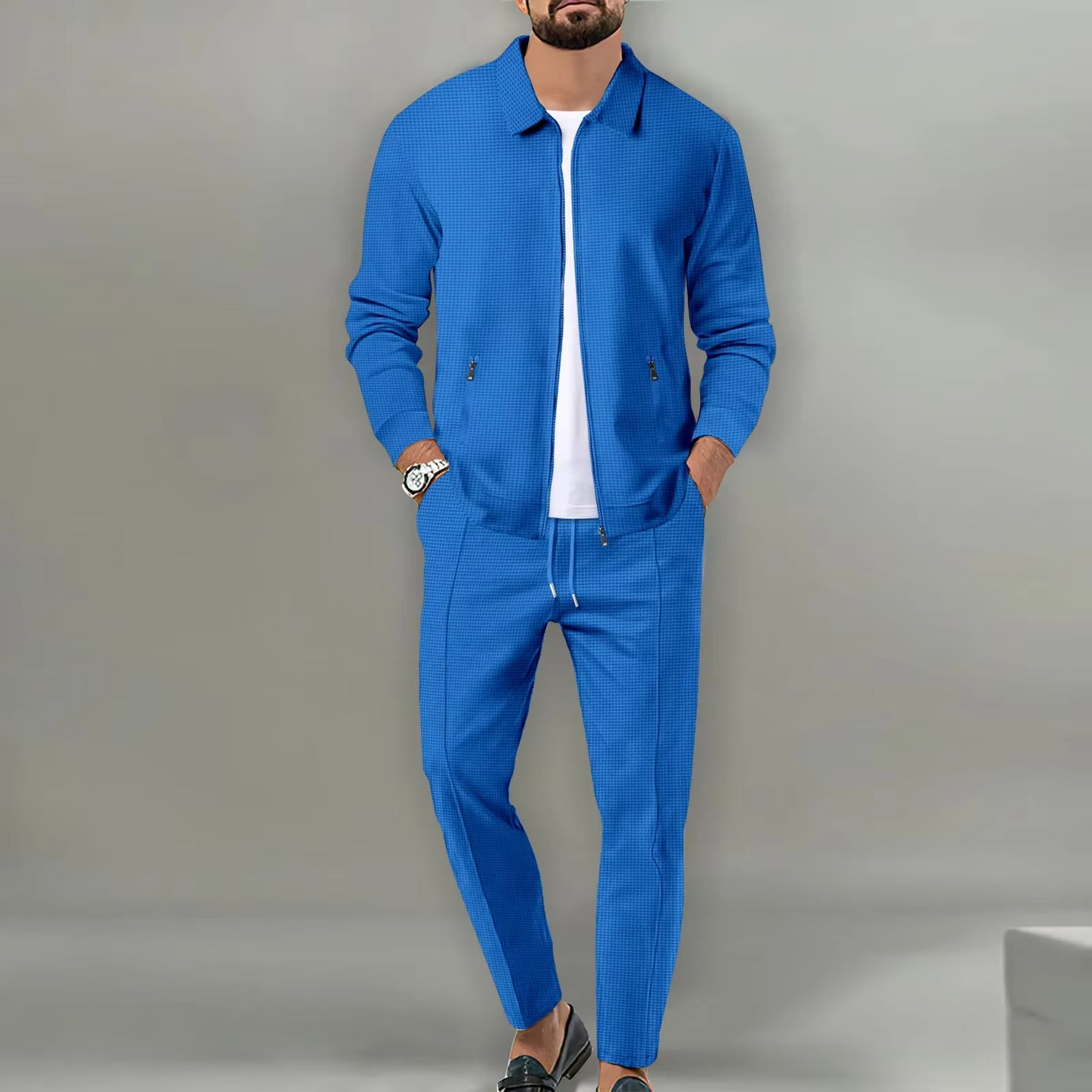TrendAura Mens Two Piece Long Sleeve Polo Jacket Shirt With Matching Drawstring Pants Set For Everyday Comfort