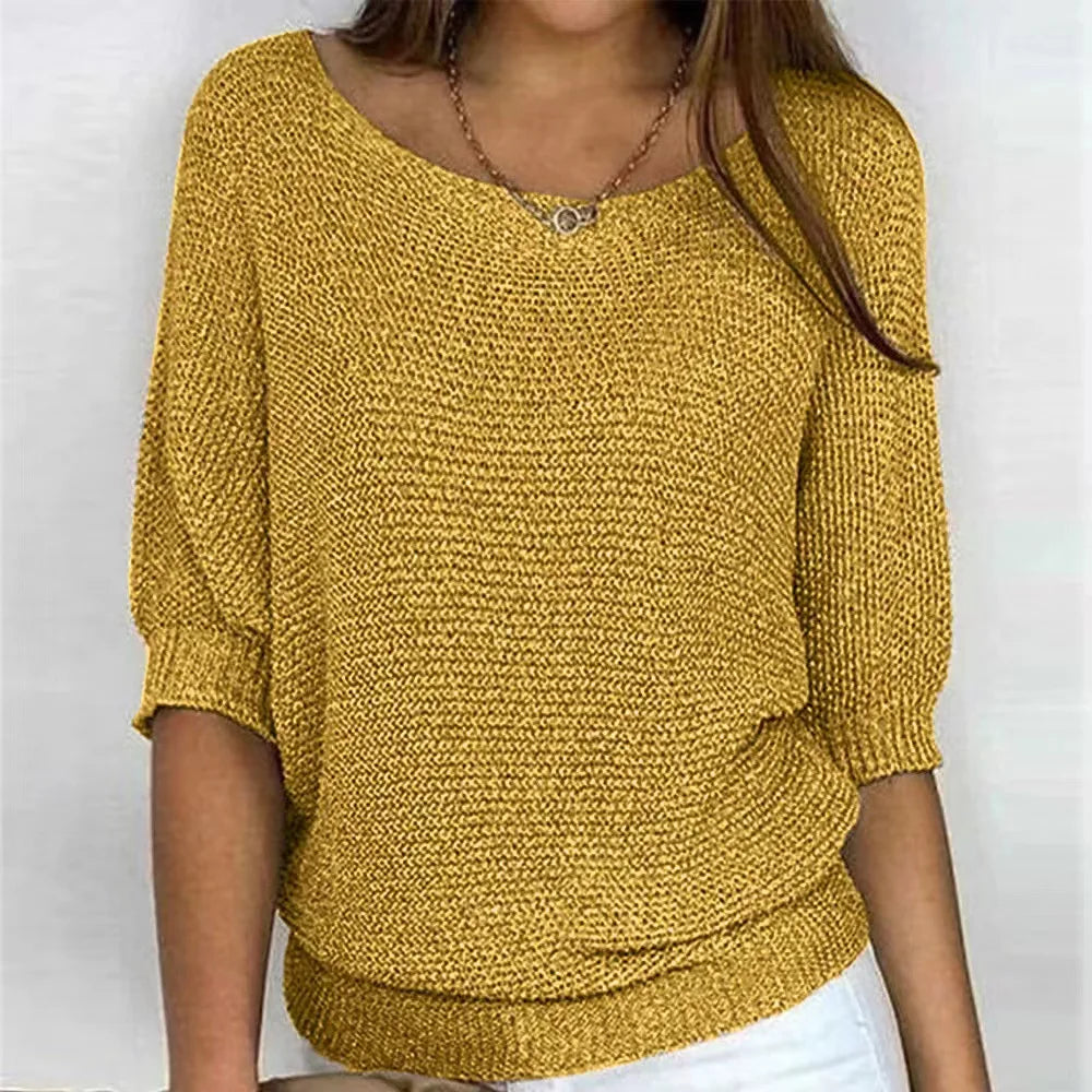 Women's Knit Sweater - Loose Fit - Round Neck - 3/4 Sleeves - Soft and Comfortable