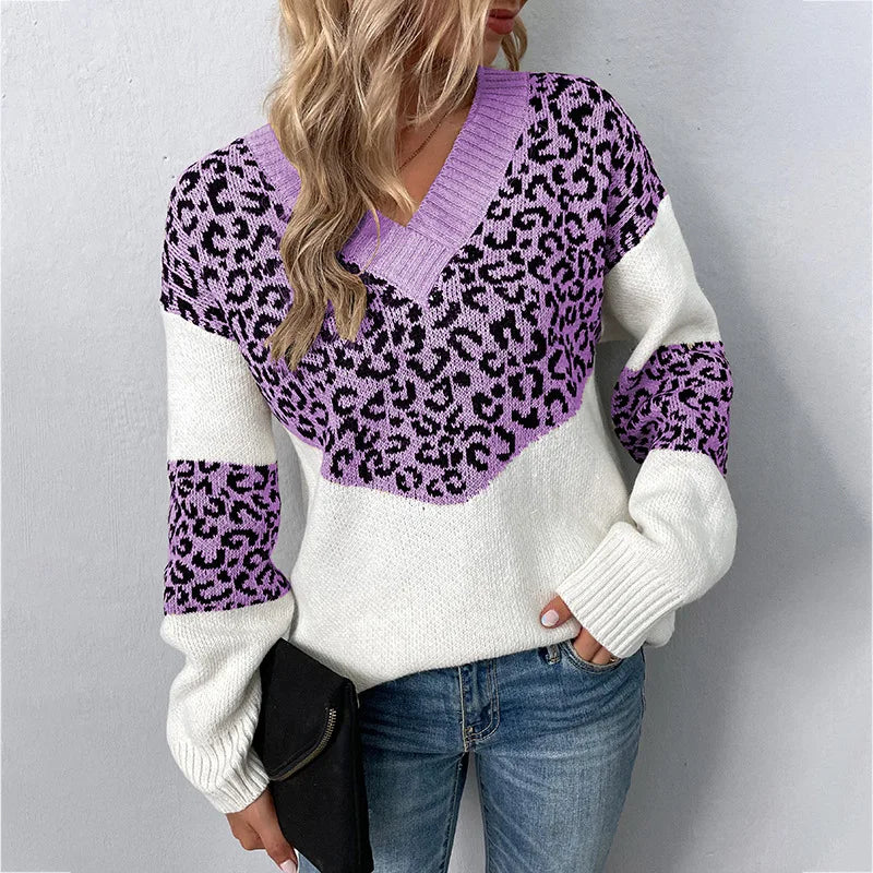 Women's V-neck Sweater with Leopard Print and Soft Knit