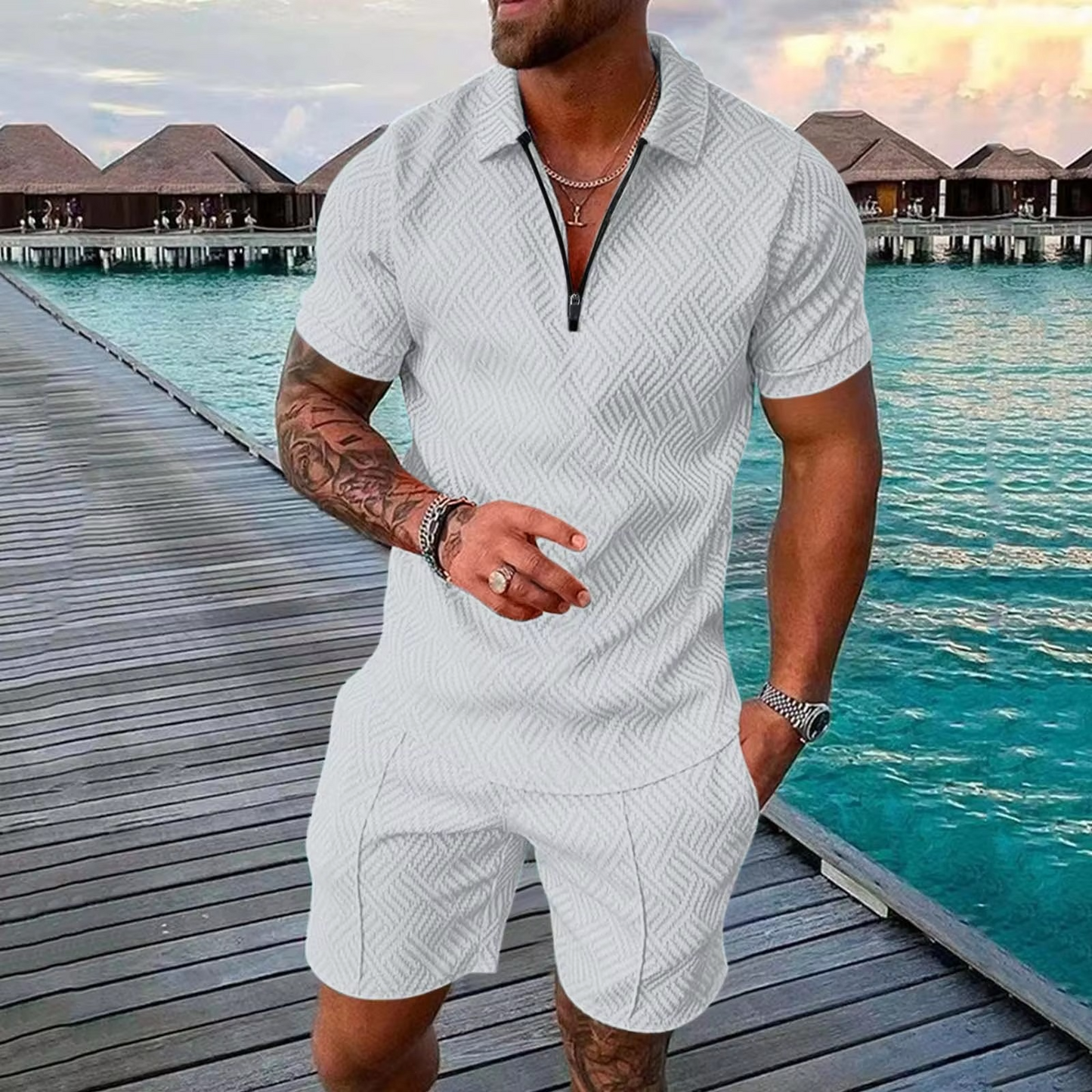 TrendAura Men's Summer Hawaiian Polo and Shorts Set 3D Printed Streetwear Outfit