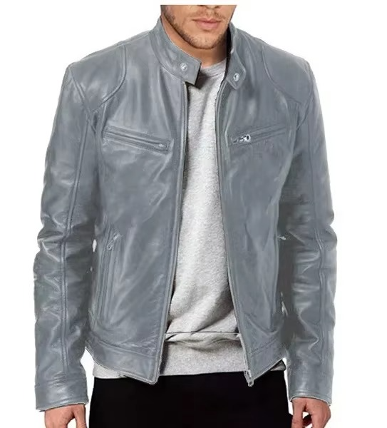Men's Slim Fit PU Leather Jacket With Stand Collar Wind Resistant Motorcycle Style