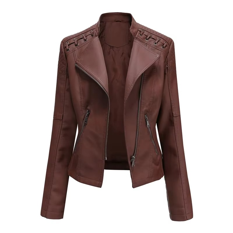 Women's PU Leather Motorcycle Jacket – Short Slim Fit, Zipper-Up, 12 Colors