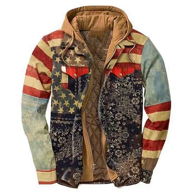 TrendAura Mens Patchwork Checkered Cotton Hooded Jacket Thick Warm Casual Coat American Flag Design Sizes S To 5XL