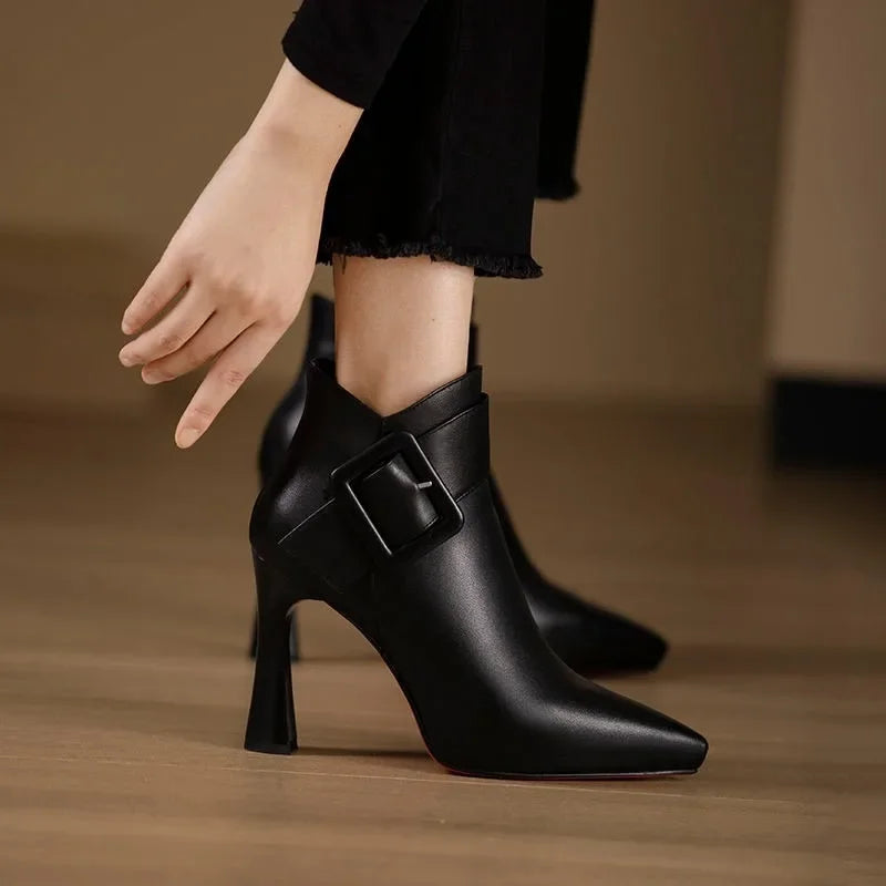 Women's Buckle Heel Boots with Sturdy Design and Versatile Style