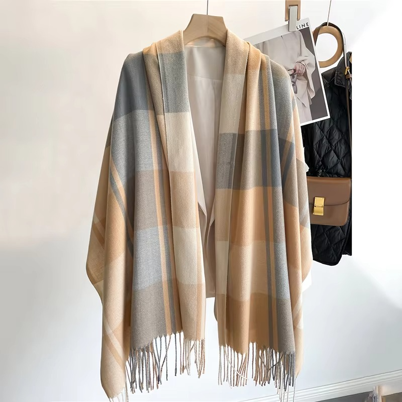 Cozy Cashmere Plaid Winter Scarf for Women, Thick Pashmina Shawl with Tassels