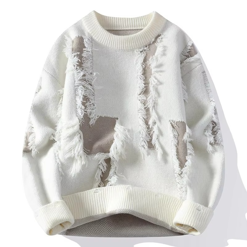 Men's Distressed Ripped Knit Patchwork Sweater Loose Fit Crew Neck Pullover TrendAura