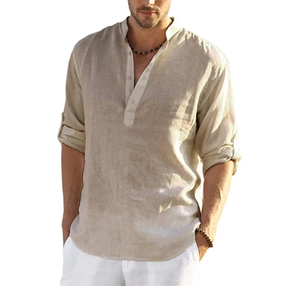 Mens Cotton Linen Casual Shirt Long Sleeve Lightweight Top Relaxed Fit Breathable Everyday Wear By TrendAura