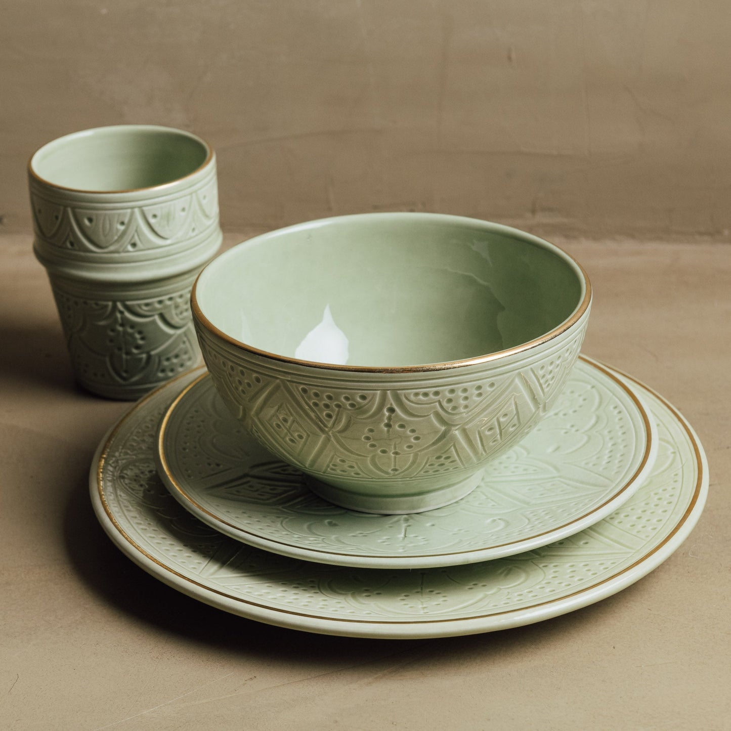 Zagora Green - Moroccan Dinnerware Set Adorned with 12 Carat Gold Accents - TrendAura