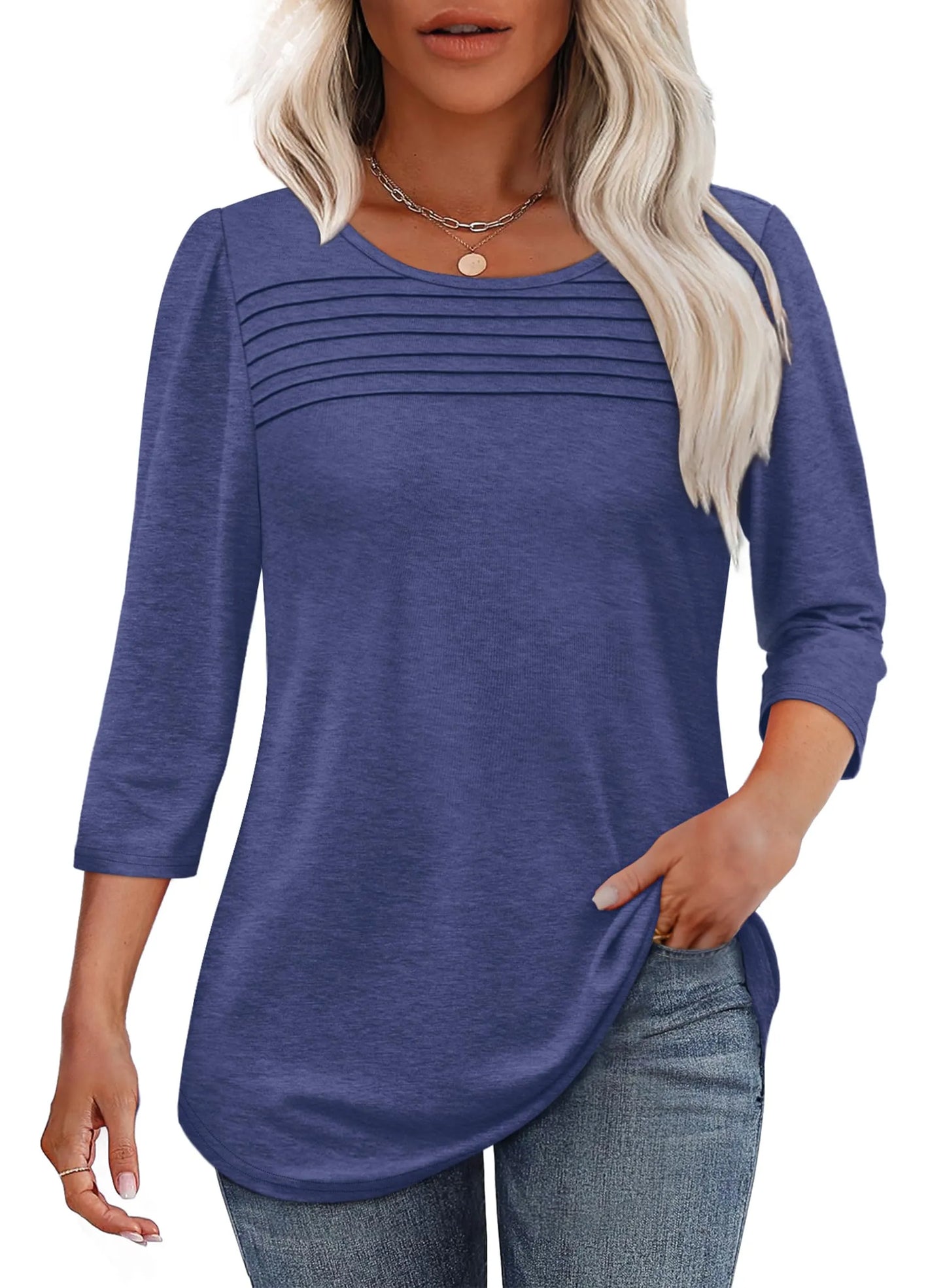 Women's Pleated Chest Top with 3/4 Sleeves and Crew Neck