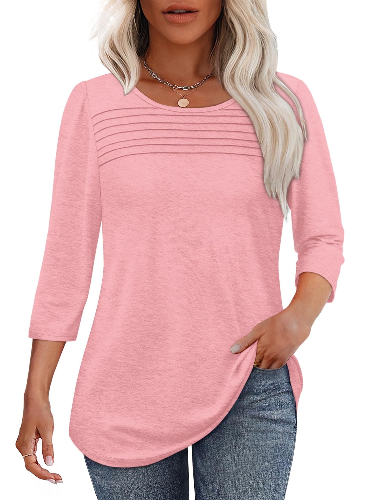 Women's Pleated Chest Top with 3/4 Sleeves and Crew Neck