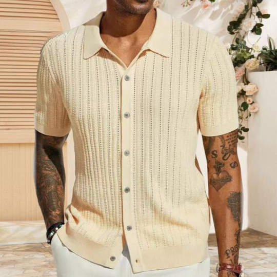 Mens Knit Shirt Ribbed Texture Regular Fit Button Up Short Sleeve Casual Everyday Wear