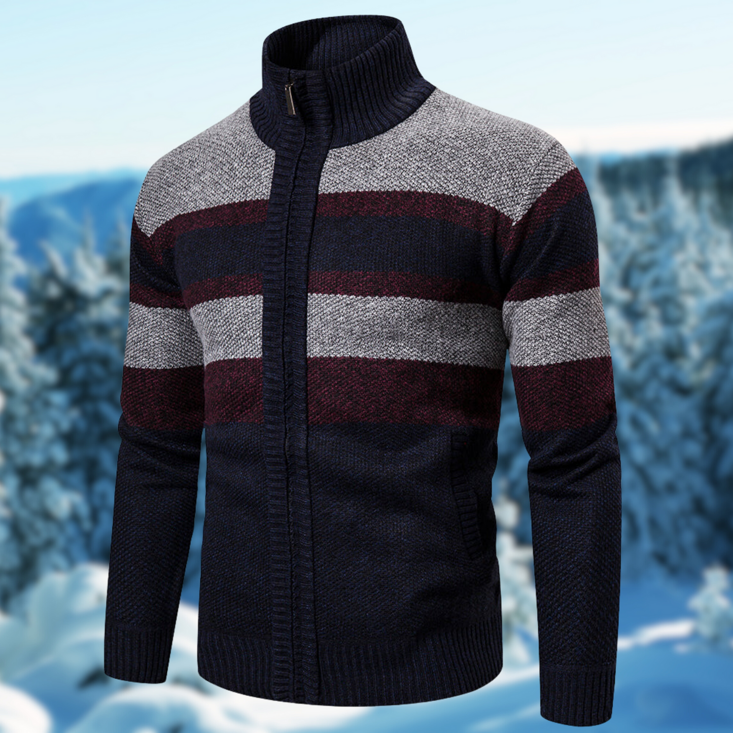 TrendAura Men's Knit Jacket Regular Fit Textured Striped Full Zip Ribbed Mock Neck Warm Layer