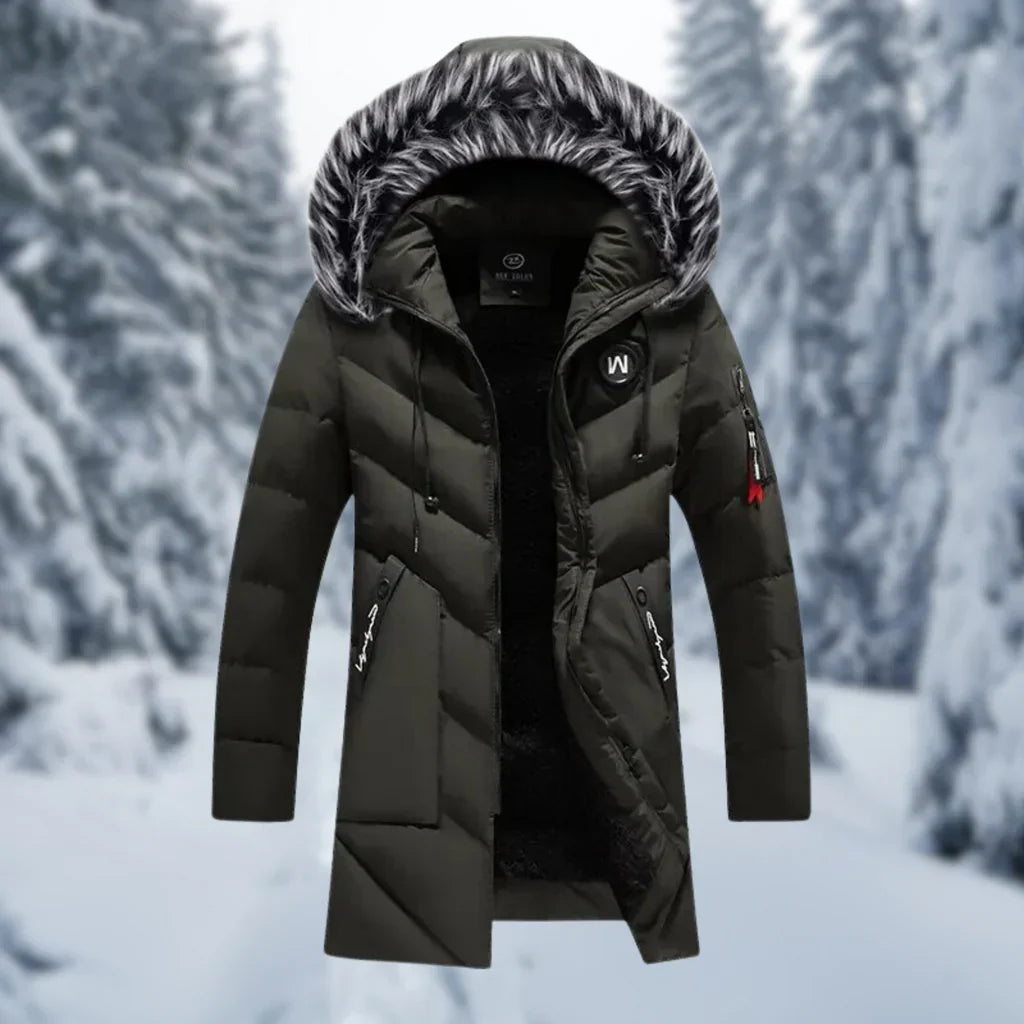 TrendAura Men's Quilted Jacket With Oversized Fit Faux Fur Hood Ribbed Cuffs Zip Pockets