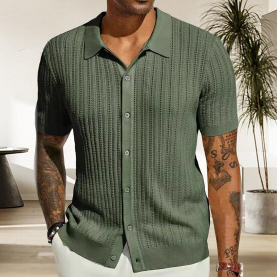 Mens Knit Shirt Ribbed Texture Regular Fit Button Up Short Sleeve Casual Everyday Wear