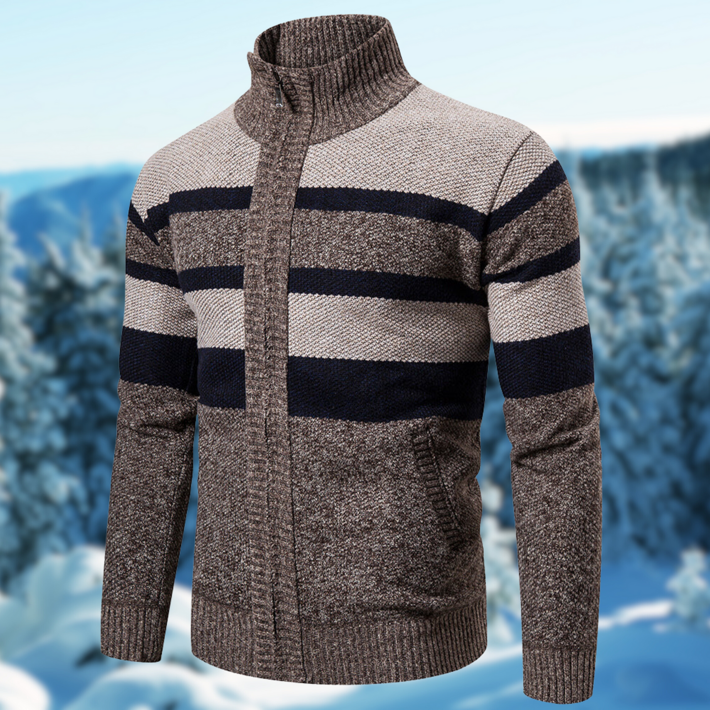 TrendAura Men's Knit Jacket Regular Fit Textured Striped Full Zip Ribbed Mock Neck Warm Layer