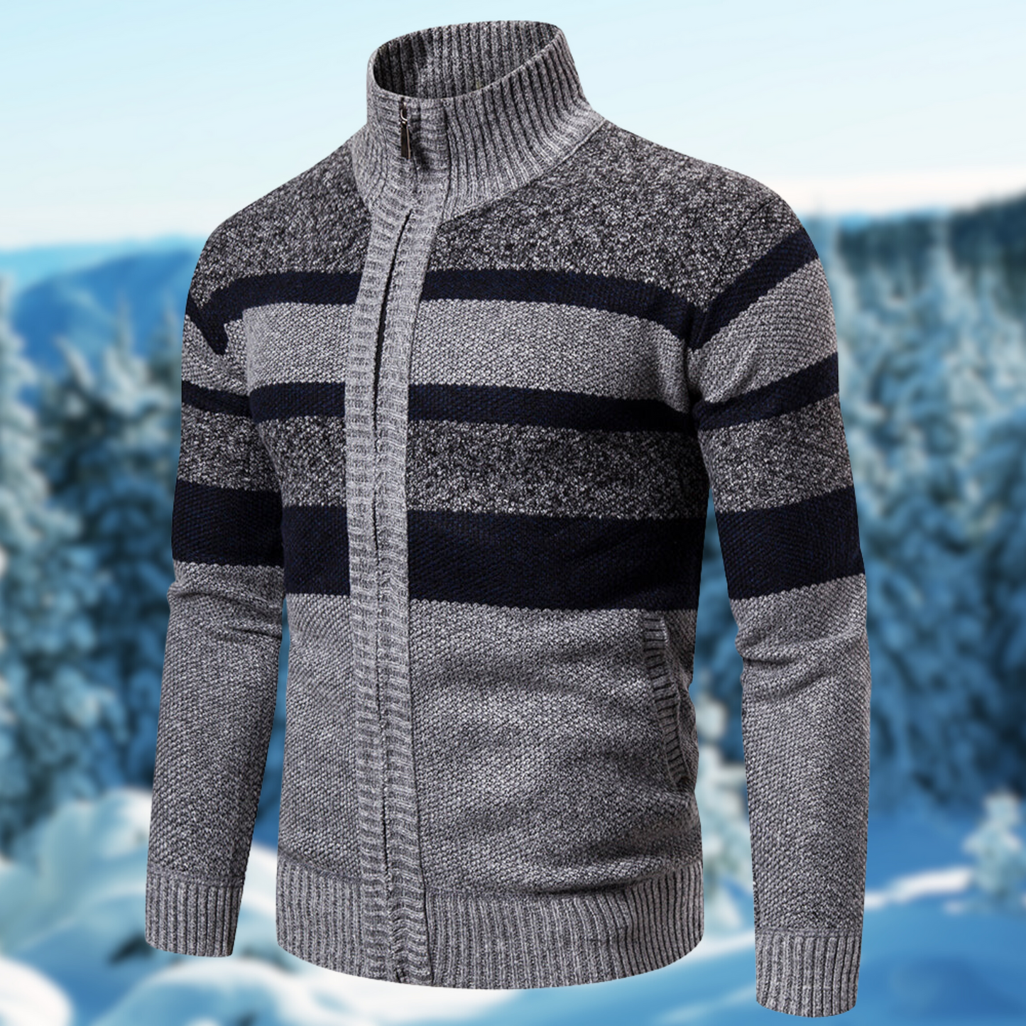 TrendAura Men's Knit Jacket Regular Fit Textured Striped Full Zip Ribbed Mock Neck Warm Layer