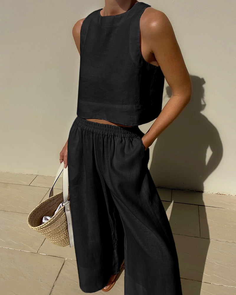 Joza Airy Linen Set For Women Breathable Crop Top And Wide Leg Pants Stylish Summer Outfit