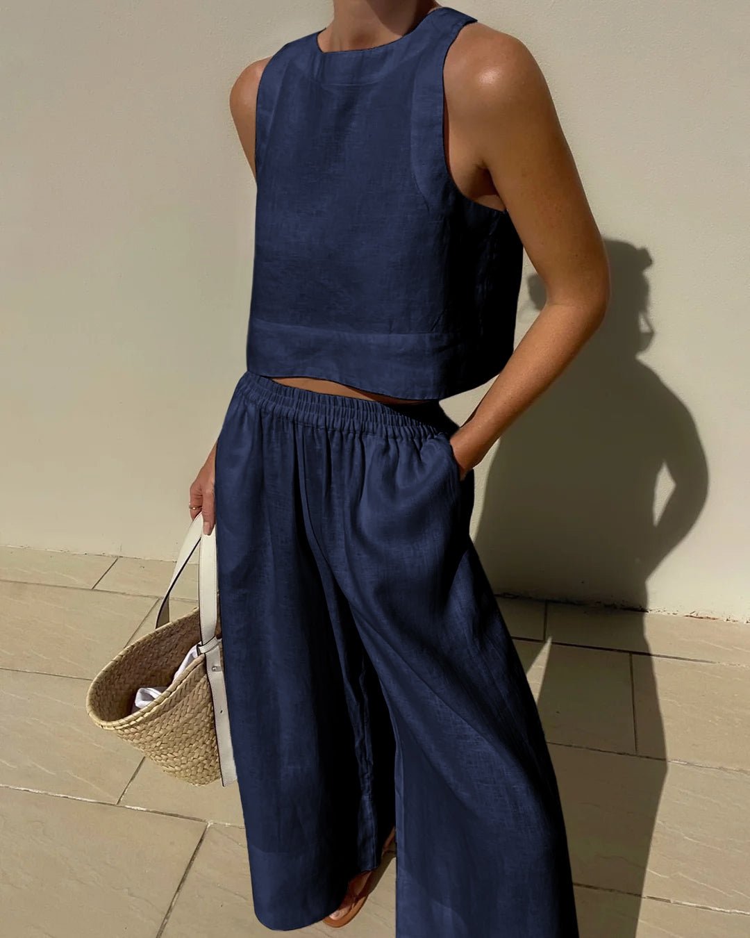 Joza Airy Linen Set For Women Breathable Crop Top And Wide Leg Pants Stylish Summer Outfit