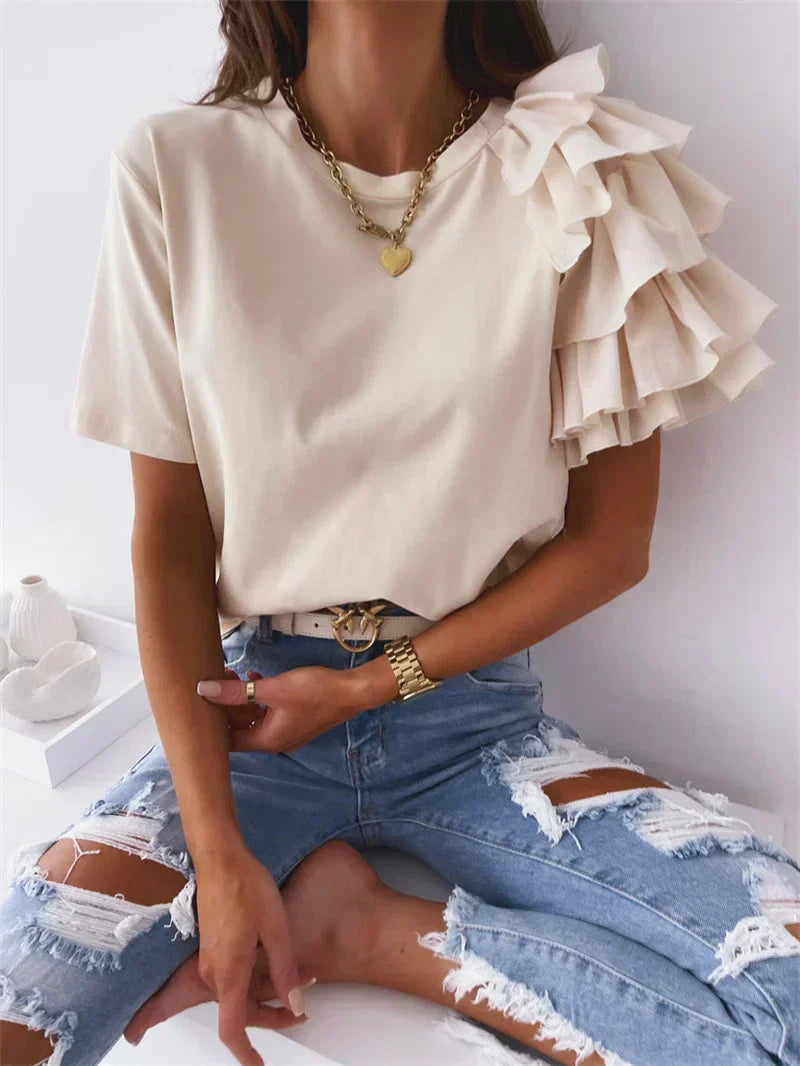 Women's Top with Ruffle Sleeves and Unique Design