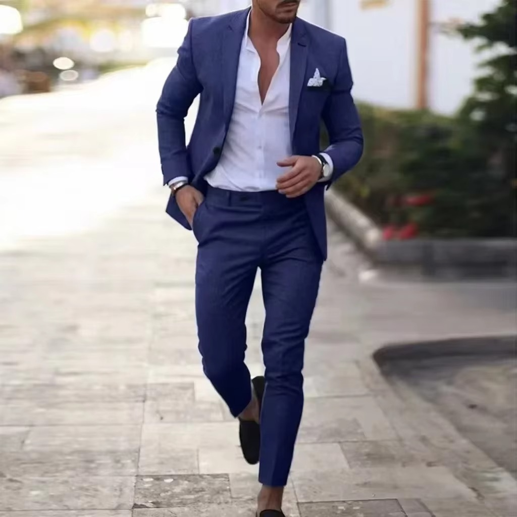 TrendAura Men's Breathable Linen Two Piece Blazer And Pants Suit Set For Weddings Beach Parties Summer Events