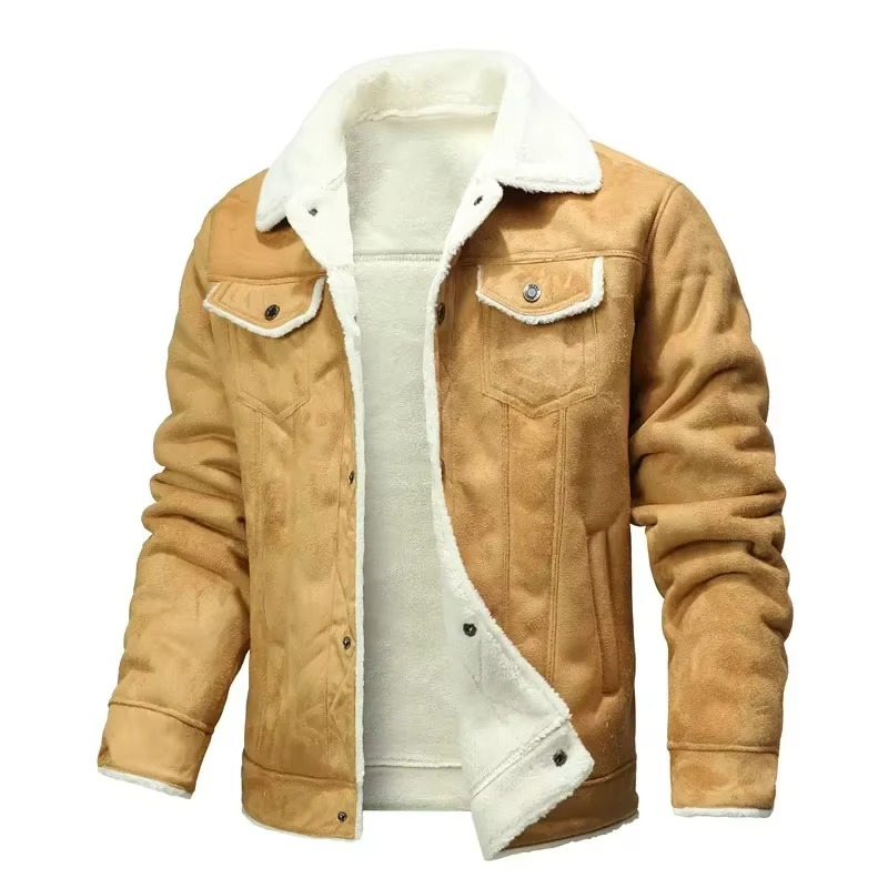 Men's Suede Leather Winter Coat With Thick Fleece Lining And Turn Down Collar For Men