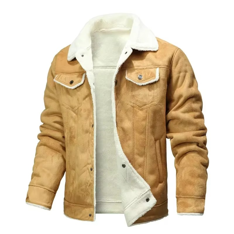 TrendAura Mens Winter Suede Leather Coat With Thick Fleece Lining And Turn Down Collar