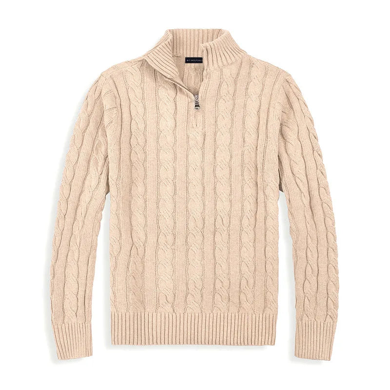 Men's Half Zip Cable Knit Sweater Cotton Blend Regular Fit With Ribbed Edges Classic Texture Soft