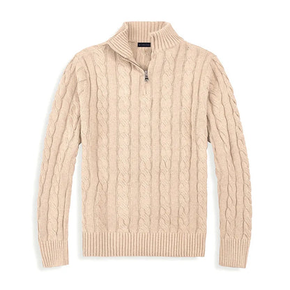 TrendAura Henry Half Zip Cable Knit Sweater Wool Cotton Blend For Men With High Collar And Ribbed Details