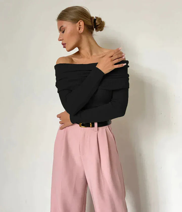 Women’s Off-Shoulder Sweatshirt – Ribbed Knit – Fitted Silhouette – Long Sleeve Top