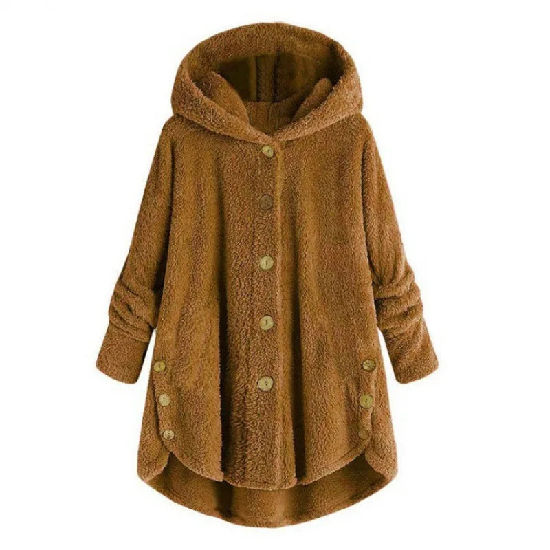 Women’s Fleece Jacket – Relaxed Fit – Hooded – Button Front – Plush Texture – Pockets