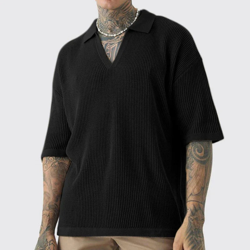 TrendAura Calloway Waffle Weave Polo Shirt for Men in Organic Cotton with Deep V Neck and Relaxed Fit