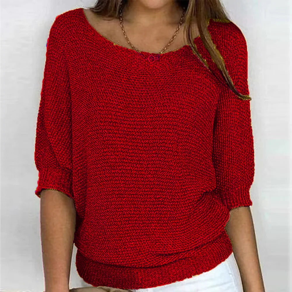 Women's Knit Sweater - Loose Fit - Round Neck - 3/4 Sleeves - Soft and Comfortable